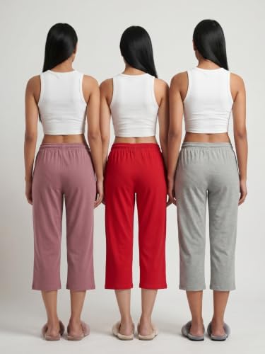 Image of Fflirtygo Women's Cotton Plain Calf Length Capri | Nightwear Pajama | 3 /4th Solid Pyjama Pant | Black Navy and Lavender Lounge Pants | Casual wear & Lounge Wear Capri Combo (Pack of 3)