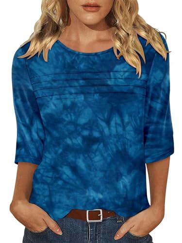 KISSMODA Women's Casual 3/4 Sleeve T-Shirts Round Neck Cute Tunic Tops Basic/Pleated Summer Tops Trendy Spring Blouses