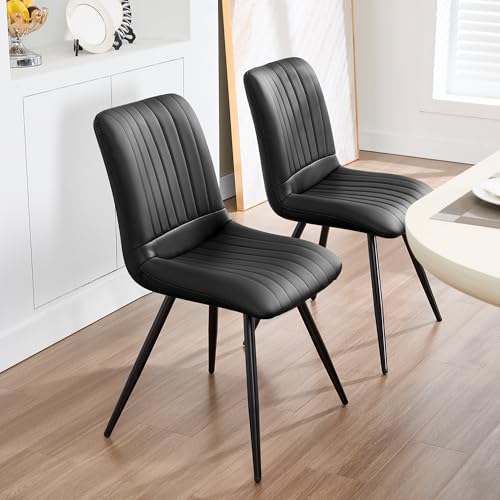 Image of Modern Dining Chairs Set of 2, Dining Chairs with Thick Cushions, PU Leather Upholstered Kitchen Dining Room Chairs with Metal Legs for Dining Living Room (Black)