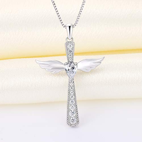 YL Cross Necklace 925 Sterling Silver Angel Wings Pendant Teardrop Birthstone Criss Jewelry for Women4