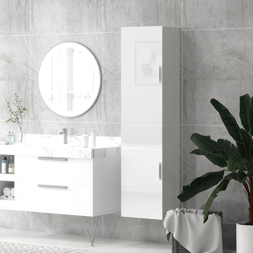 HOMCOM Armario de Baño de Pared Columna de Baño Estrecho con Estantes Ajustables y 2 Puertas Mueble de Baño Moderno para Espacio Pequeño 40x30x160 cm Blanco Brillo - imagen 7