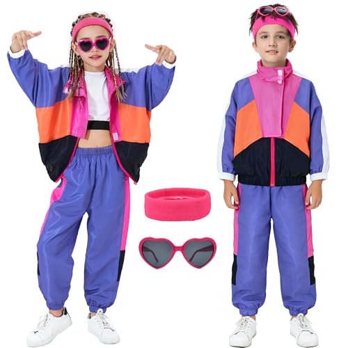 Coseaon 80s Outfit for Kids Retro 90s Tracksuit Boys Girls Hip Hop Dance Clothes Unisex Patchwork Jacket Pants Sportswear (US Alpha Medium Purple)