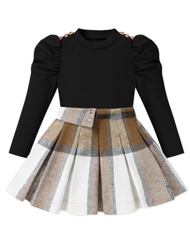 Image of Fuermos Toddler Girl Clothes Puff Sleeve Top and Pleated Girls Plaid Skirt Set 2PCS Girls Outfits Fall Winter