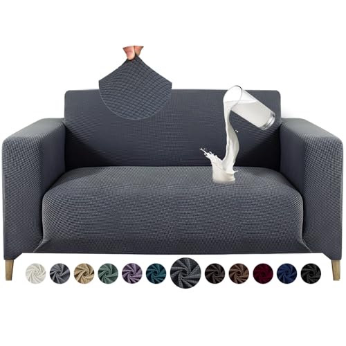 Alishomtll Sofa Überzug 2 Sitzer Stretch Sofabezug Universal Wasserabweisend Couch Überzug Sofaüberwürfe Elastische Jacquard Couchbezug rutschfest Sofaschoner für Hunde Katzen (140-185cm, Dunkelgrau)