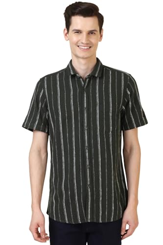 Image of Allen Solly Men's Regular Fit Striped Casual Shirt | Textured Cotton‑Blend Fabric | Half Sleeves | Spread Collar | Beige | Everyday Stylish Casual Wear