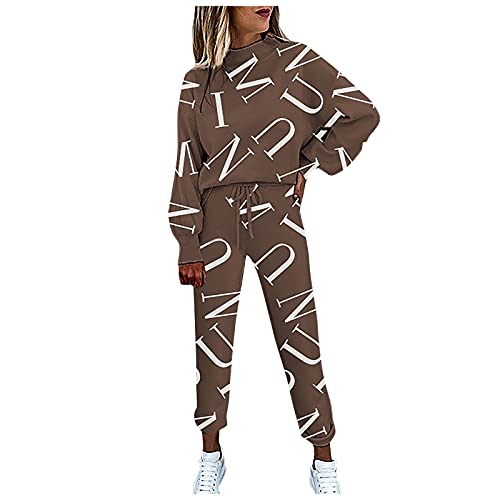 Trendy Pajama Set For Women Graphic Tie-Dye Printed Half High Neck Long Sleeve Fall Winter Comfy Soft Drawstring Tops And Pants Sleepwear Nightwear Sweatshirt Trousers Suit(B-Coffee,Medium) #TOP16