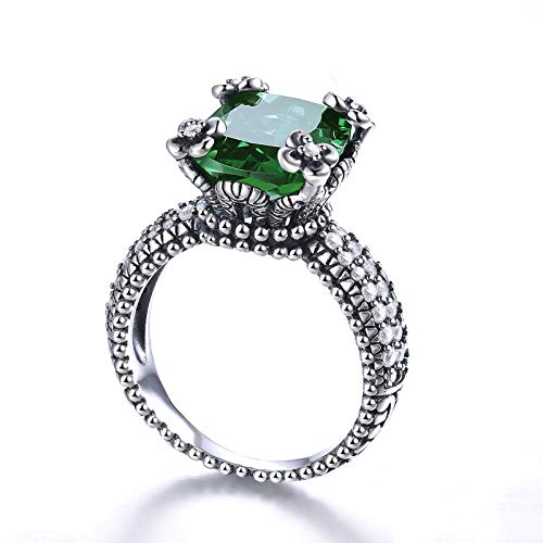 Vintage Black Oxidized Finished 925 Sterling Silver Rings for Women, Floral Statement Engagement Ring, Simulated Emerald Quartz Wedding Band Promise Ring for Her3