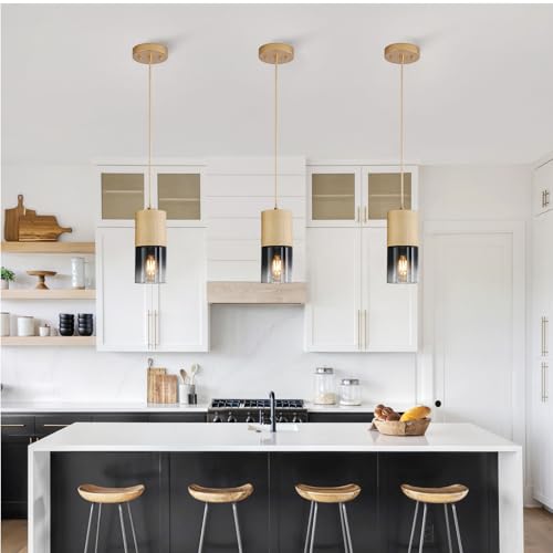 Image of 3-Pack Gold Pendant Light Fixtures, Adjustable Modern Black Pendant Lights for Kitchen Island, Industrial Glass Pendant Lights for Dining Table Hallway Bedroom Living Room