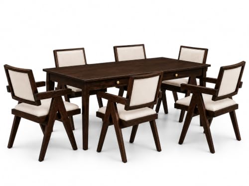 Image of 6 Seater Sheesham Wood Dining Table Set | Solid Wood Dining Table with 6 Upholstered Chairs | Dark Walnut Finish