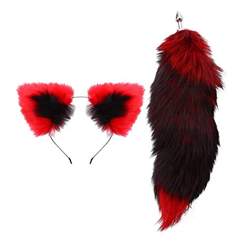 MSemis Erotik Analplug Edelstahl mit Fuchsschwanz und Haarreif Set Fetisch Fox Tail Butt plug Sexy Cosplay Anal Dildo Bdsms Sex Spielzeug Für Männer Frauen Rot&Schwarz One Size