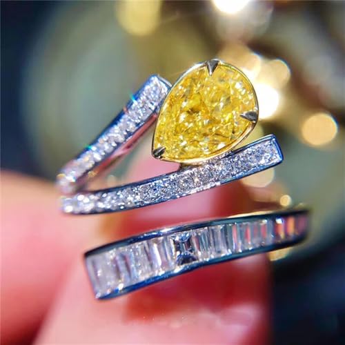 925 Sterling Silver Shiny Full Diamond Gemstone Ring 18K Gold Citrine Cubic Zirconia Promise Rings CZ Diamond Multi Row Ring Eternity Engagement Wedding Party Band Ring for Women Z.168 (US Code 7)