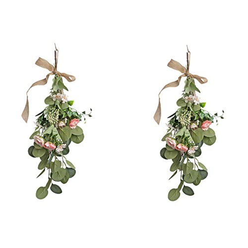 Firlar 2pcs Artificial Teardrop Wreath, 23.6inch Decorative Swag with Flower and Eucalyptus Leaves Wall Swag Front Door Wreath Hanging Teardrop Wreath for Wedding Arch Wall Decor