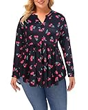 ALLEGRACE Womens Plus Size Tops Fall Long Sleeve Boho Dressy V Neck Floral Tunic Shirts P107 Black Cherry 3X