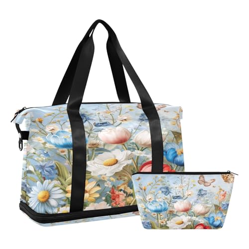 Spring Vivid Flowers Gym Bag for Women Sport Travel Duffel Bag Shoulder Weekender Overnight Bags with Wet Pocket & Shoe Compartment