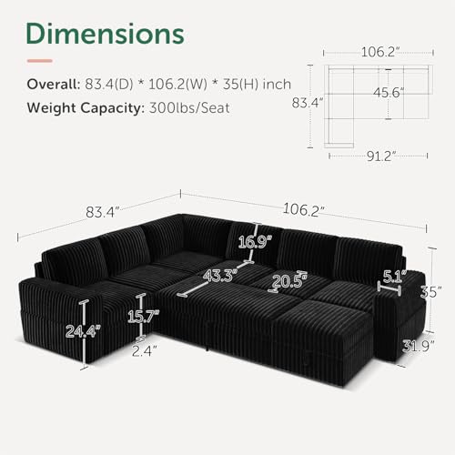 Image of HONBAY Modular Sectional Sleeper Sofa with Pull Out Bed,Corduroy U Shaped Couch with Storage, Sectional Couches for Living Room,Black