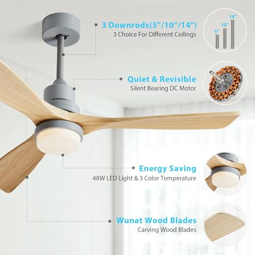 Chriari Ceiling Fans with Lights, 52" Wood Ceiling Fan with Remote Control, 3 Walnut Blades, 6 Speeds Timing Reversible Indoor Outdoor Farmhouse Ceiling Fan for Patios Bedroom Living Room by Chriari - Image 3