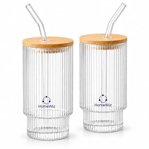 Image of HomeWiz Ribbed Glass Tumbler Set of 2 (450ml) with Bamboo Lid & Glass Straw - Vintage Sipper Glasses | Borosilicate Cups for Cold Coffee, Iced Tea, Juice & Smoothies | Reusable Cold Brew Tumbler