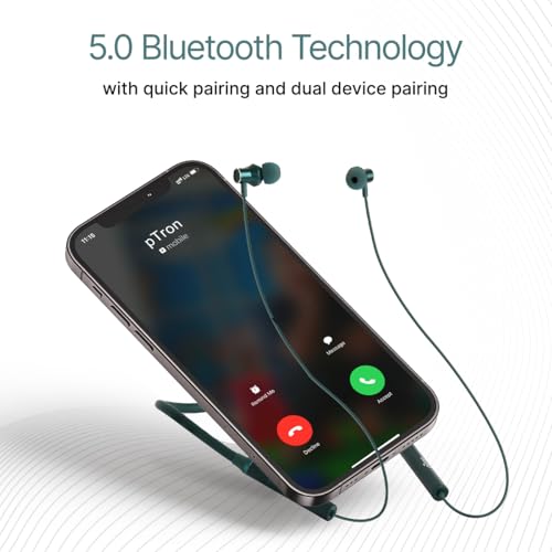 Image of pTron Tangentbeat in-Ear Wireless Headphones w /HD Mic, Deep Bass, 10mm Drivers, Clear Calls, BT5.0, Dual Device Pairing, Fast Charging, Magnetic Buds, Voice Assistant & IPX4 Neckband (Navy Green)
