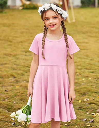 Arshiner Little Girls Short Sleeve A Line Casual Skater Dress 130(Age For 8-9Y) Pink #TOP1