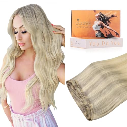 Image of DOORES Weft Remy Hair Extensions Human Hair, 16 Inch 100g Balayage Ash Blonde to Golden Blonde and Platinum Blonde, Sew In Bundles