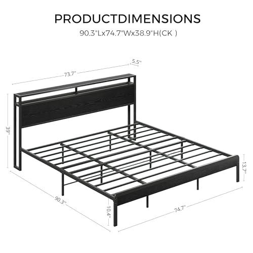 Image of LIKIMIO California King Bed Frame with Headboard, Dark Wood Camas California King with Strong Supports, Sturdy, Noise-Free, No Box Spring Needed, Black