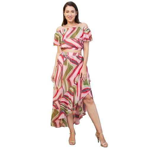 Image of Globus Women Pink Printed Co-Ord with Strappy Off-Shoulder Top & Skirt-3640697001