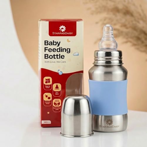 Image of StarAndDaisy Baby Milk Bottle for new Born /Infant /Toddler 140 ML SUS 304 Steel Baby Feeding Bottle for 0+ Months, BPA Free Leakproof, Anti Colic, Easy to Clean -Blue