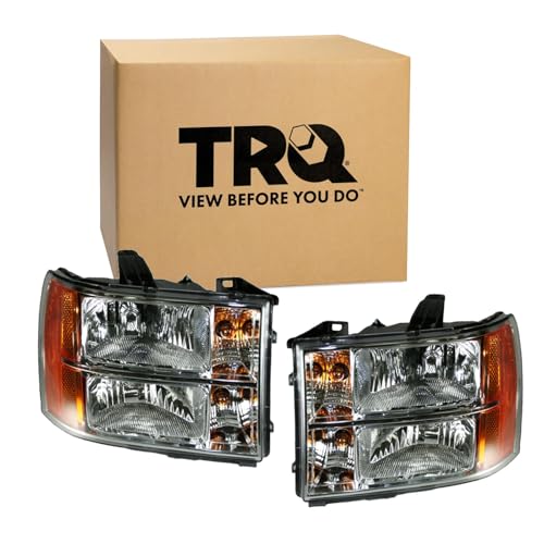 Image of TRQ 2 Piece Headlight Assembly Set Chrome Bezel Driver & Passenger Side Compatible with GMC Sierra 1500 2007-2013 Sierra 2500 HD 2007-2014 Sierra 3500 HD 2007-2014 GM2502283 GM2503283