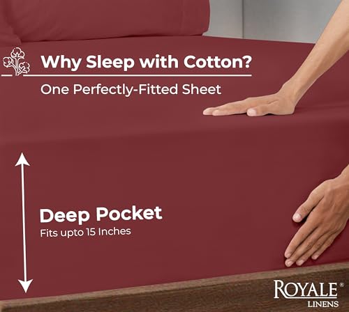Image of Royale Linens 100% Organic Cotton Fitted Sheet - Percale Weave - Super Soft Deep Pocket Bottom Sheets - Elastic Sheet King Size - King Fitted Sheets Only - (78 inchx80 inch+15 inch, Red)
