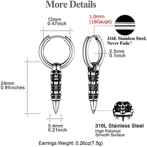 FOCALOOK Mens Hoop Earrings, Viking Thors Hammer/Gothic Skull Bullet Huggies Hoops Punk Stainless Steel/Gold/Black, With Gift Packaging