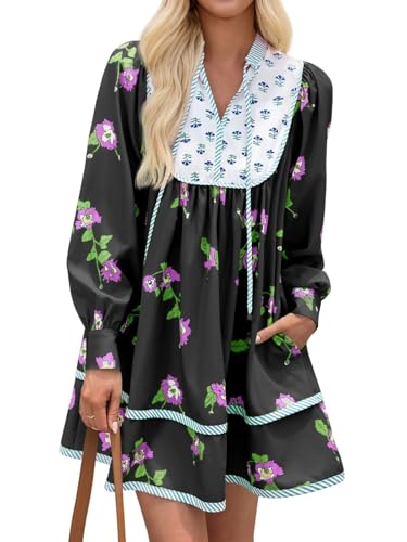 Image of Wenrine Womens Casual Floral Mini Dress Fall Long Sleeve V Neck Patchwork Loose Boho Shirt Dresses