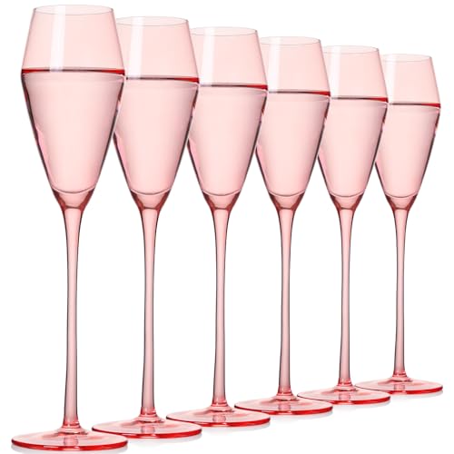 JOVGANG Pink Champagne Flutes Set of 6-7.5oz Hand-Blown Lead-Free Crystal Champagne Glass, Wedding Champagne Flutes, Date Night & Romantic Dinners, Valentine's Day and New Year Gifts