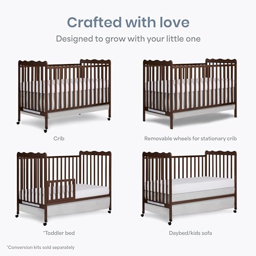 Image of Dream On Me Carson Classic 3-in-1 Convertible Full-Size Baby Crib in Walnut, GreenGuard Gold & BSA, 4 Mattress Heights, Converts to Day & Toddler Bed, Locking Wheels, Classic Nursery Design