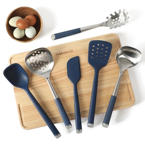 Image of Calphalon Edge 6-Piece Stainless Steel and Silicone Kitchen Tool Set, Kitchen Utensil Set, Scraper, Skimmer, Spoon, Ladle, Turner, Pasta Server, Heat Resistant Nonstick Safe Cooking Utensils (Navy)