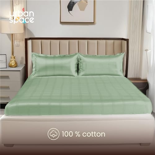 Image of Urban Space 100% Cotton 300TC Jacquard Fitted bedsheets for King Size Bed, Pure Cotton Bedsheet King Bed, Checks Fitted bedsheet King Size with 2 Pillow Covers (72 x 78 Inches, Sage Green Checks)