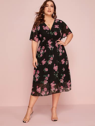 Floerns Women's Plus Size Polka Dots Wrap V Neck Short Sleeve A Line Midi Dress Black Floral 2Xl #TOP25