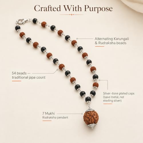 Image of Gratify Original Rudraksha & Karungali Mala 8mm 54 Beads | Spiritual Healing Mala for Protection & Focus (Karungali Rudraksha Mala) (Karungali Rudraksha mala with 7 Mukhi Rudraksh)