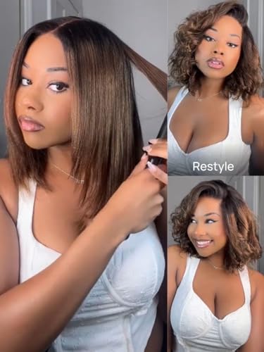 Image of Sunber Chestnut Brown Ombre Yaki Straight Bob Drawstring Wig Human Hair No Slip Glueless 7x5 HD Lace Front Wig Pre Cut Pre Plucked Bleached Knots Ready to Wear Short Yaki Bob Wig 12 Inch