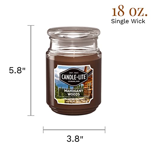 Candle-lite Scented Candles, Mahogany Woods Fragrance, One 18 oz. Single-Wick Aromatherapy Candle with 110 Hours of Burn Time, Brown Color