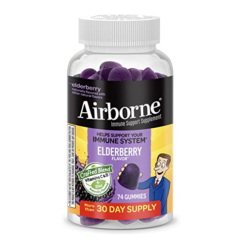 Airborne Elderberry + Zinc & Vitamin C Gummies for Adults, Immune Support Vitamin D & Zinc Gummies with Powerful Antioxidant Vitamins C D & E - 74 Gummies, Elderberry Flavor