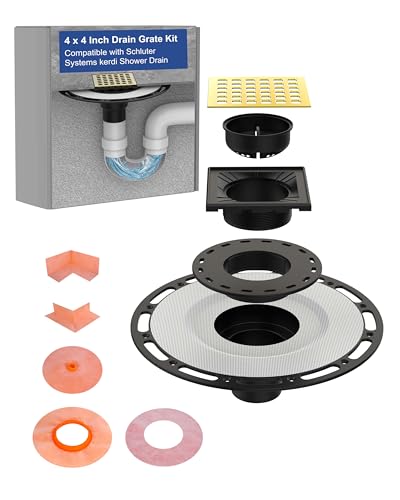 4" Shower Drain Kit Compatible with Schluter Kerdi, Premium 304 Stainless Steel Flange System, Exact Fit Alternative for Tile Floors, Includes Hair Strainer & Grate Opener, Brushed Gold