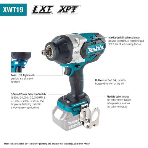 Image of Makita XWT19Z 18V LXT Lithium-Ion Brushless Cordless 3-Speed 1 /2 inch Sq. Drive Impact Wrench w /Detent Anvil, Tool Only