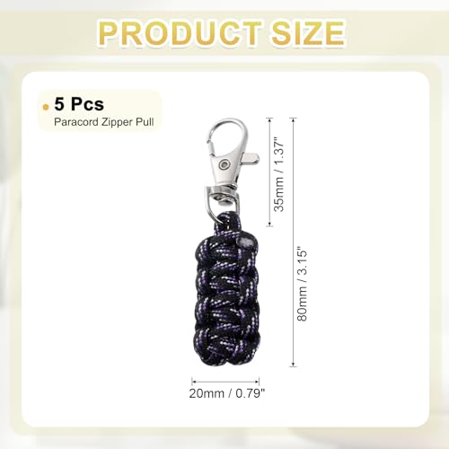 Image of YELARXI Paracord Zipper Pull Polyester Zipper Pulls Replacement Woven Rope with Metal Clasp, 80 mm Length Fit for Backpacks Clothing Luggage Accessories - Cylinder (5 Pack, Black)