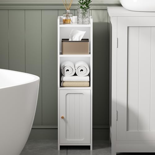 BEWISHOME Small Bathroom Cabinet, Narrow Storage Cabinet with Anti-Tip & Adjustable Shelves,Bathroom Organizers and Storage Cabinets for Small Spaces, 7.9 x 7.9 x 31.5 Inches,White YYG06W