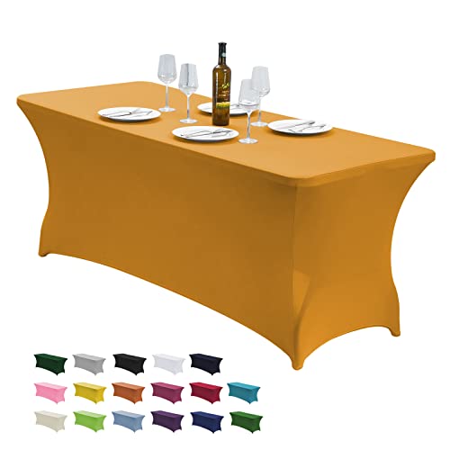 Image of CWK 6FT Waterproof Stretch Spandex Table Cover for Rectangular Tables - Elastic Fitted Tablecloth for Folding Tables,Wrinkle Resistant Table Cloth for Parties, Weddings, Banquets & Events (Gold)