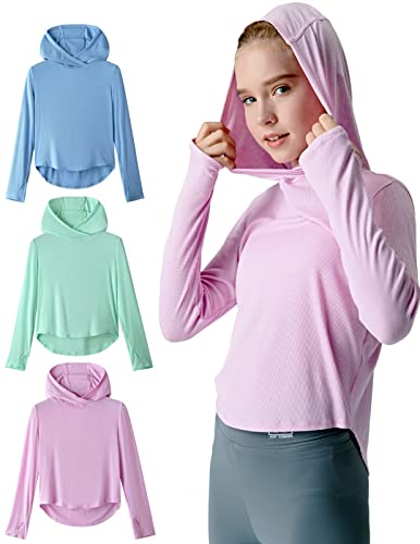 3 Pack Youth Girls Hoodies Long Sleeve Shirt Lightweight Dry Fit Athletic Pullover Tops with Thumbholes
