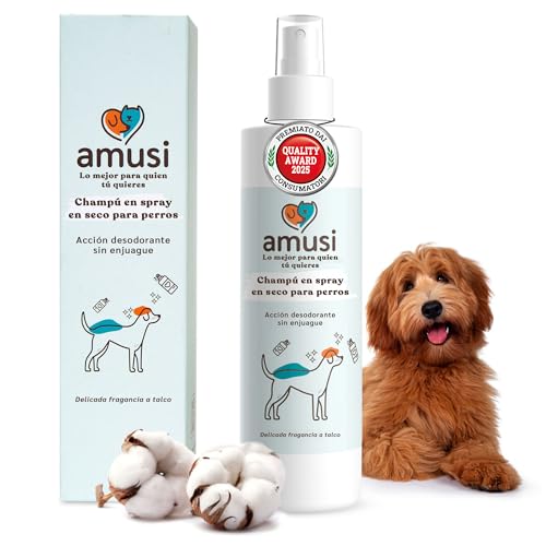 amusi Shampoo em seco cães - champô para cães em spray sem enxaguamento, champô cães hipoalergénico - champô cão com ingredientes naturais, secagem rápida e não é necessário enxaguar | 250 ml