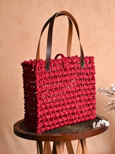 Image of KADAM HAAT Women Handmade Sabai Grass Lunch Bag, Eco-Friendly, Handcrafted, Non-Plastic Lunch Container, Red (Surkhi, Large)