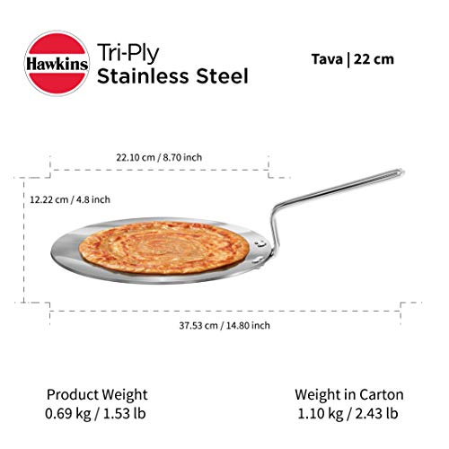 Hawkins 22 Cm Tava, Triply Stainless Steel Tawa With Stainless Steel Handle, Induction Tawa, Silver (Sstv22) #TOP4