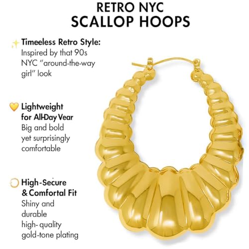 Gold Plated Hoop Earrings for Women – 2 Inch Oval Shaped Shrimp Puffy Scalloped Door Knocker Style – Women's Fashion Jewelry with Box4